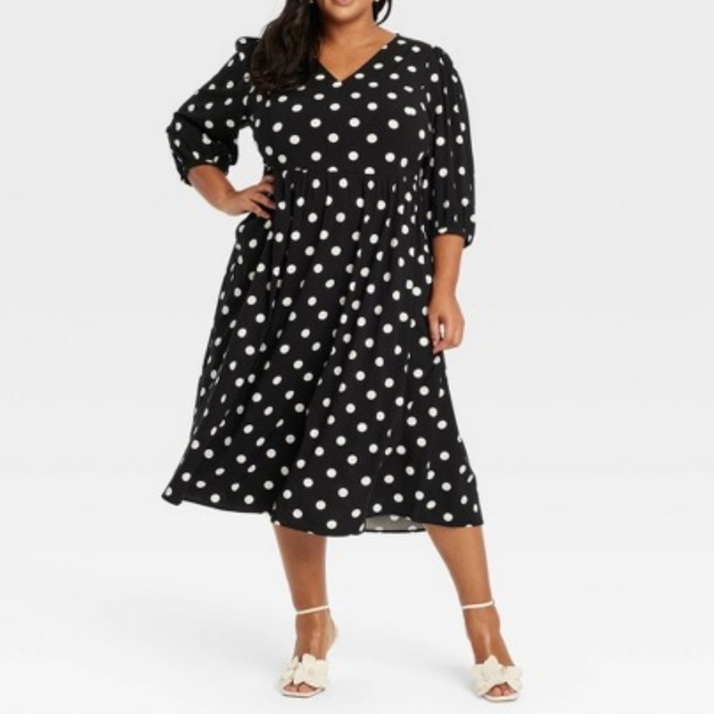 Retro Plus Size 3x Ava & Viv Black Polka Dot Midi Dress. Vintage Style.